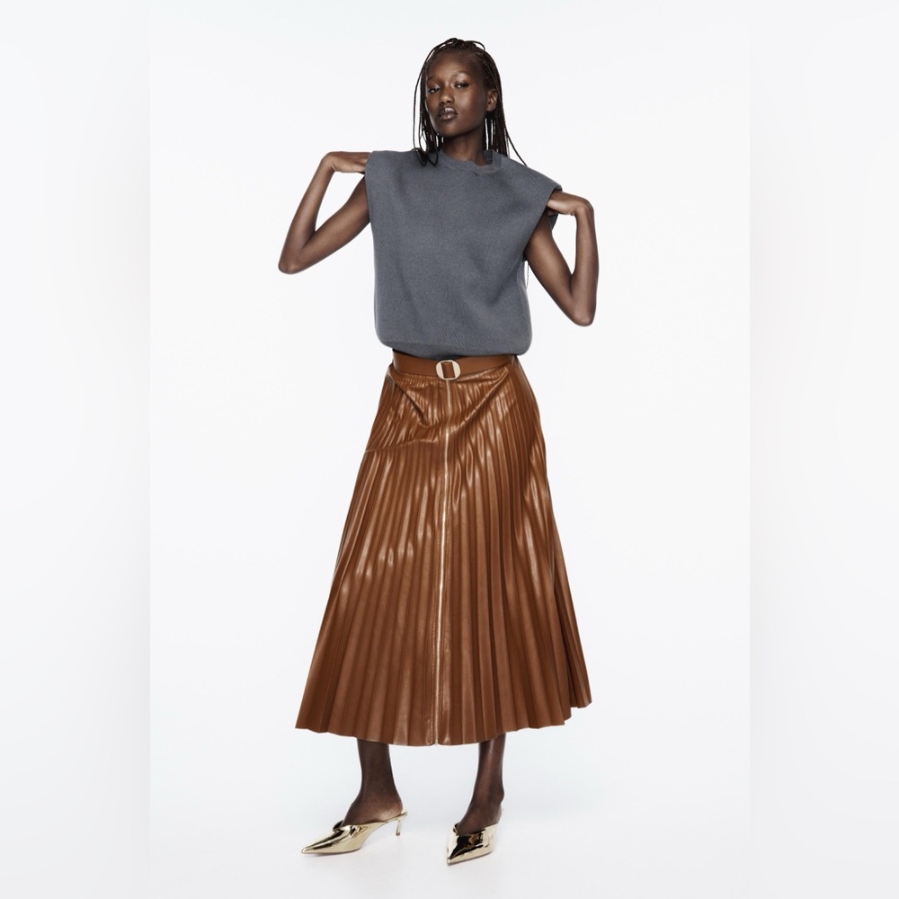 Zara Brown A-Line Pleated midi Skirt size Large